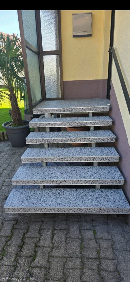 Steintreppe mit sieben Stufen, links ein Pflanzentopf und Glasfenster im Hintergrund.